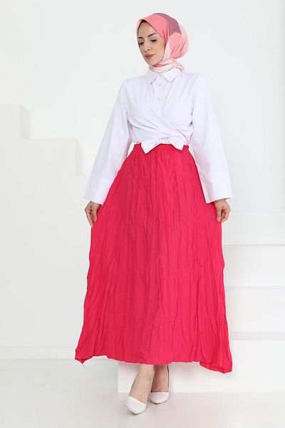 TOFİSA Elastic Waist Crinkle Skirt Fuchsia - 27013