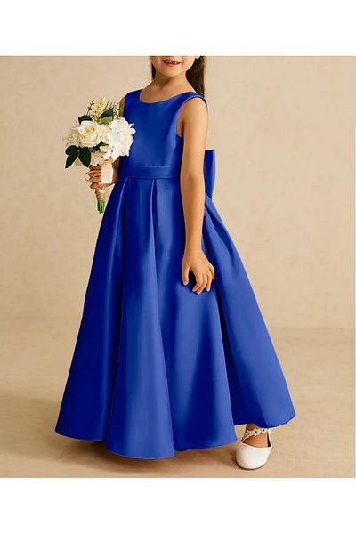 MadyaButik Girls Kids A-Line Pleated Plain Satin Long Dress Graduation Birthday Prom Dress