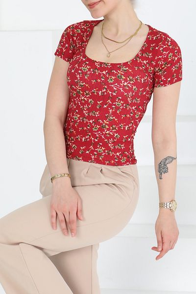 TOFİSA Oval Neck Floral Patterned Blouse Burgundy - 27279