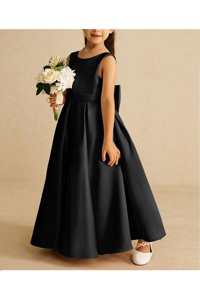 MadyaButik Girls Kids A-Line Pleated Plain Satin Long Dress Graduation Birthday Prom Dress