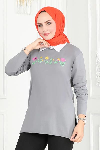 TOFİSA Women's Crew Neck Floral Printed Tunic Gray - 27197