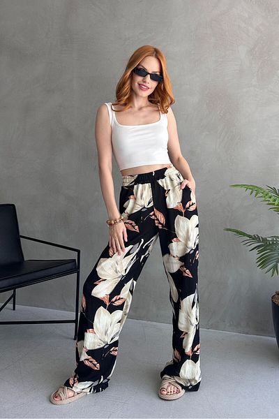 TOFİSA Floral Patterned Loose Trousers Black - 27237