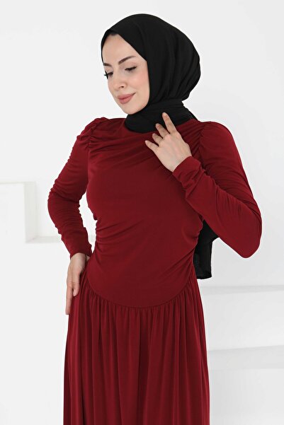 TOFİSA Büzgülü Elbise Bordo - 27254
