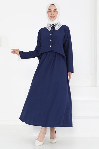 TOFİSA Lace Collar Double Suit Indigo - 27179