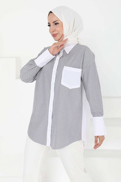 TOFİSA Striped Pocket Detail Shirt Gray - 27243