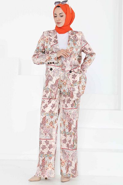 TOFİSA Ethnic Pattern Jacket Trousers Suit Beige - 27251