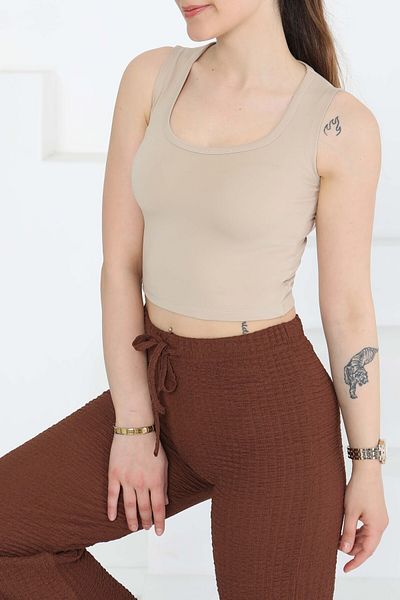 TOFİSA Cupral Oval Neck Crop Tank Top Beige - 27278
