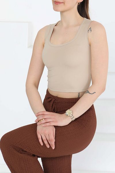 TOFİSA Cupral Oval Neck Crop Tank Top Beige - 27278