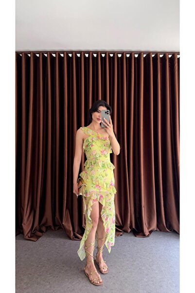 HAZELANNA فستان شيفون أخضر غير متماثل