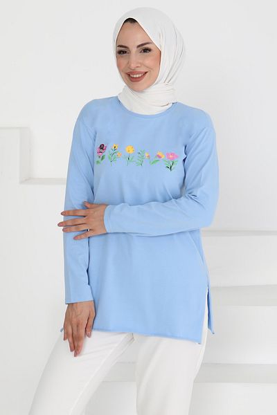TOFİSA Women's Crew Neck Floral Printed Tunic Baby Blue - 27197
