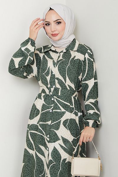 InStyle Leaf Polka Dot Pattern Green Viscose Dress