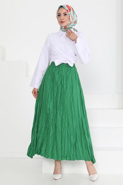 TOFİSA Elastic Waist Crinkle Skirt Green - 27013