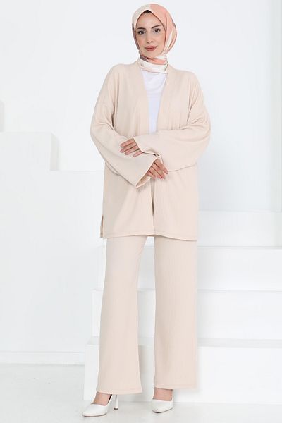 TOFİSA Kimono Suit with Pockets Beige - 27131