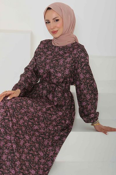 TOFİSA Floral Patterned Belted Dress Khaki - 27102