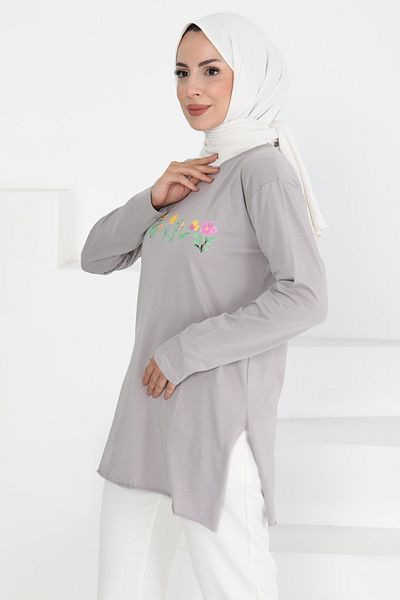 TOFİSA Women's Crew Neck Floral Printed Tunic Light Gray - 27197