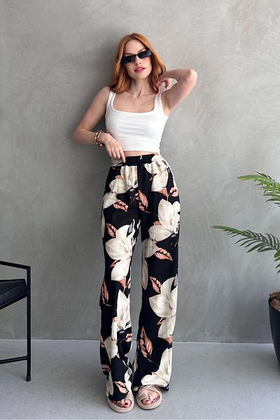TOFİSA Floral Patterned Loose Trousers Black - 27237