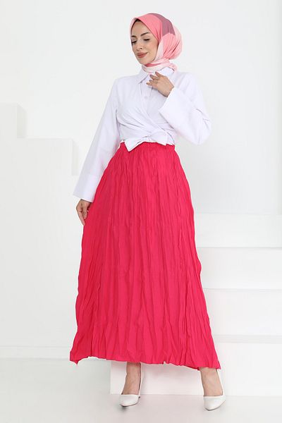 TOFİSA Elastic Waist Crinkle Skirt Fuchsia - 27013