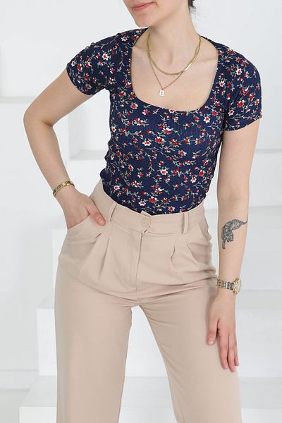 TOFİSA Oval Neck Floral Patterned Blouse Navy Blue - 27279