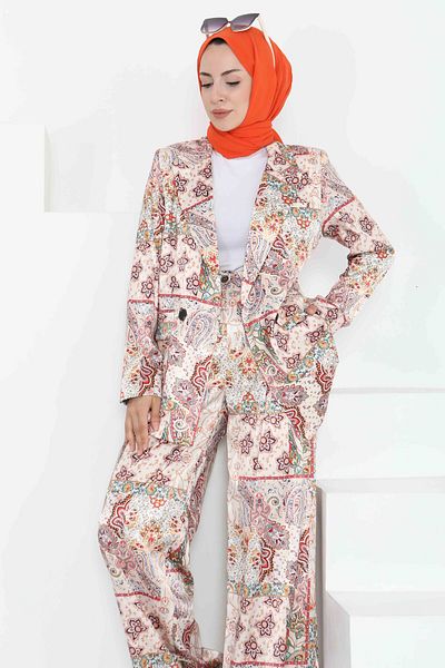 TOFİSA Ethnic Pattern Jacket Trousers Suit Beige - 27251