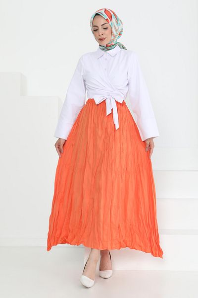 TOFİSA Elastic Waist Crinkle Skirt Orange - 27013