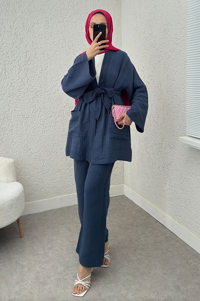 Salih Çelebi Set Kimono Ceaday Guler 2234 - ALBASTRU ÎNCHIS