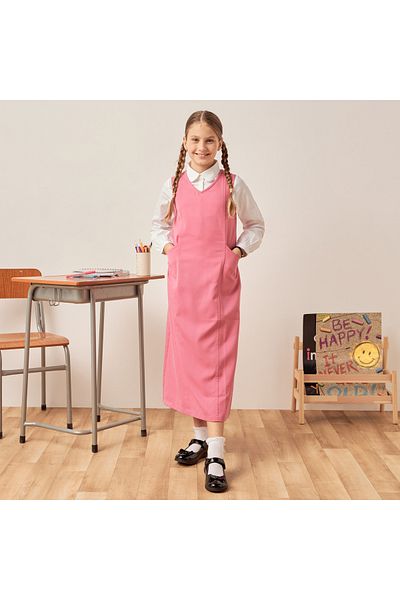 Juniors Solid V-neck Pinafore with Tie-Ups and Pockets
