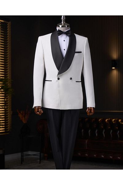 TerziAdemAltun Italian Cut Slim Fit Shawl Collar Double Breasted Jacket Pants Groom Suit Set White T13632