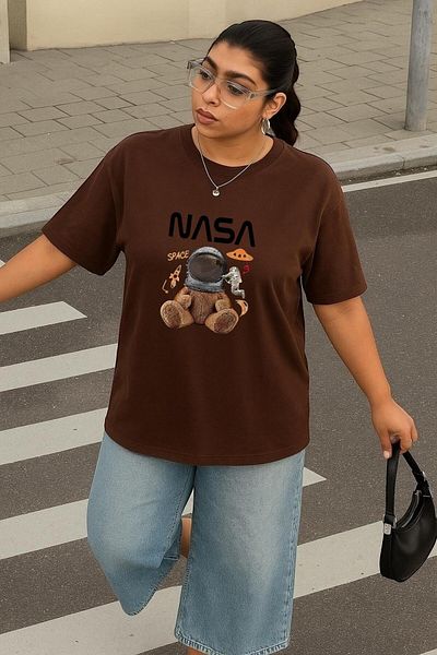 BENROMA Large Size Nasa Bear Printed Uni̇Sex Ti̇Shirt