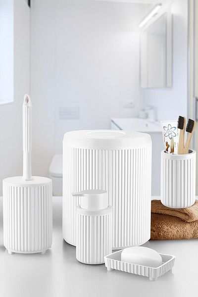Sas Σετ μπάνιου Lines Series White, Πολυτελής ακρυλικός κάδος απορριμμάτων 5 τεμαχίων, βούρτσα, σετ αξεσουάρ μπάνιου με δοσομετρητή σαπουνιού