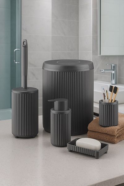 Sas Haus Σετ μπάνιου Lines Series Grey, 5 τεμαχίων πολυτελής ακρυλικός κάδος απορριμμάτων, βούρτσα, σαπουνάδα σετ αξεσουάρ μπάνιου 33
