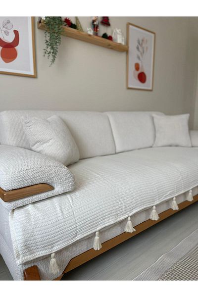 MuHu Home Tasseled Sofa Cover Cream[1 Piece 90X210] Cover Only for the Seating Area]