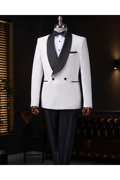 TerziAdemAltun Italian Cut Slim Fit Shawl Collar Double Breasted Jacket Pants Groom Suit Set White T13632