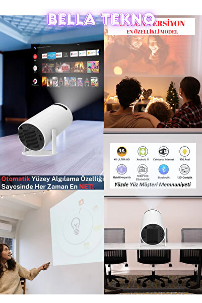 BellaThec Ev İçin Mini Sinema Projektörü | Android Sistemli, Hoparlörlü ve Wifi Destekli Projeksiyon