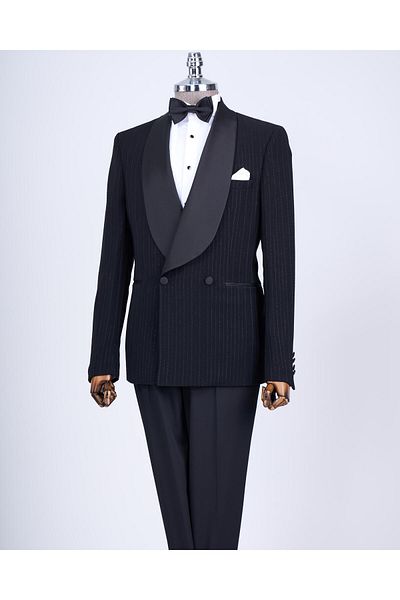 TerziAdemAltun Italian Cut Slim Fit Shawl Collar Double Breasted Jacket Pants Groom Suit Set Black T13630