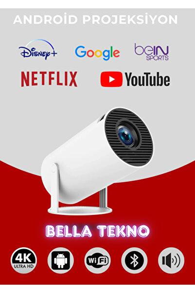 BellaThec Android Wifi Projektör | Dahili Hoparlörlü, Taşınabilir Akıllı Mini Projeksiyon Cihazı (Beyaz)