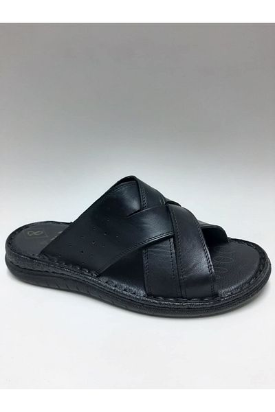 PEKER Genuine Leather Black Daily Open Toe Comfortable Sole Men's Slippers