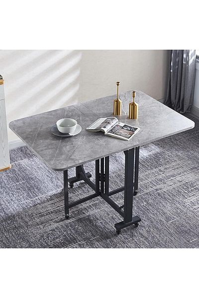 Generic Fold-able Rectangular Wooden Dining Table Marble Folding Table (Gray)