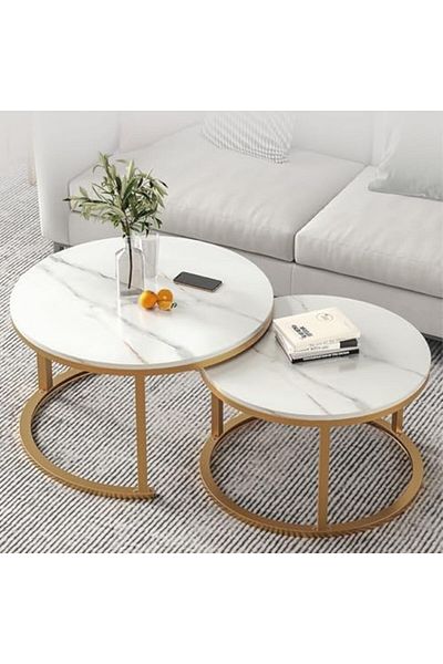 Generic Modern Nesting Coffee Table Set of 2 Wooden Side Table Minimalist Round Nesting Table Sturdy Steel F