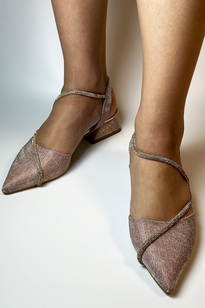 Arıcı Shoes Women's Low Heeled Stone Glitter Rose Ballerina Evening Dress Shoes