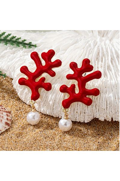 mos&more Red Coral Gold Pearl Lightweight Women's Earrings