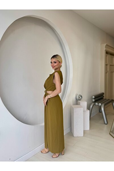 FEHUBLOOM Oil Green Gold Buckle Waist Detailed Dress