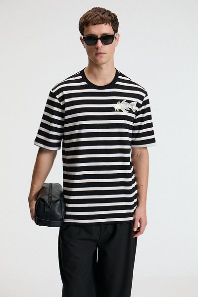 GRIMELANGE Savor Men's Oversize 100% Cotton Printed Round Neck Black/Ecru T-Shirt