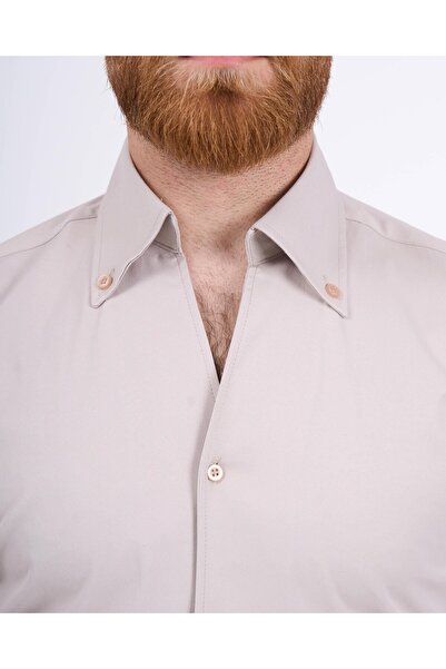 TerziAdemAltun Cămașă pentru bărbați în stil italian slim fit cu guler stand dublu manșetă bej T13308