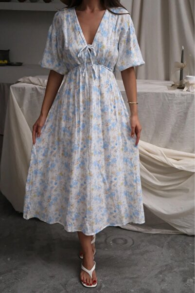 Lusin Γυναικείο καλοκαιρινό φόρεμα μουσελίνας με μπλε φλοράλ σχέδιο