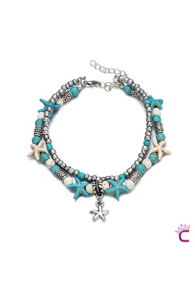 Cinderella Starfish Turquoise White Silver Beaded Women's Anklet - Summer Combination Natural Stone Anklet