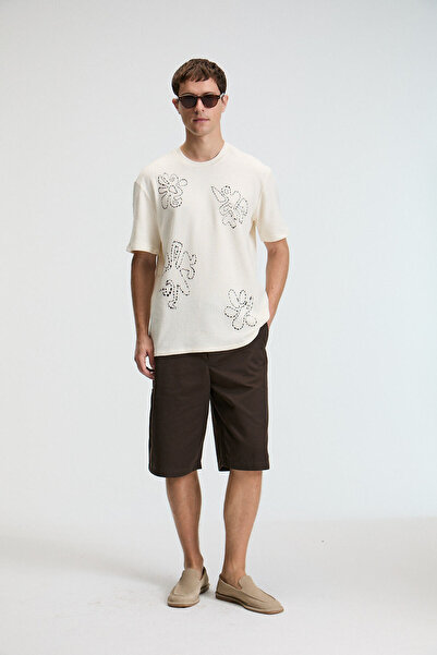 GRIMELANGE BAGGY Ανδρικό μπλουζάκι από 100% βαμβάκι με στάμπα με κοντό μανίκι με στρογγυλή λαιμόκοψη βανίλια