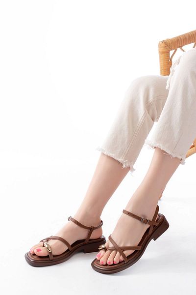 TB Terzi Bey S-101 Tan Flip Flop Stone Detailed Daily Women's Sandals