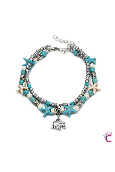Cinderella Elephant Design Turquoise Starry Beaded Women's Anklet - Summer Sea Combination Natural Stone Anklet