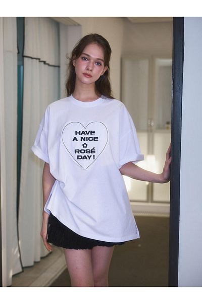 ELNOYA Unisex Cotton White Oversize "Have a Nice Rose Day" Printed Crew Neck Comfortable T-Shirt