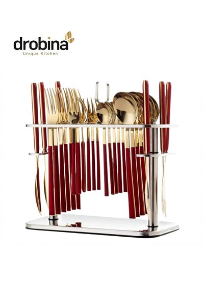 drobina Dropina 30-Piece Stainless Steel Spoon Set with Stand, Complete Red